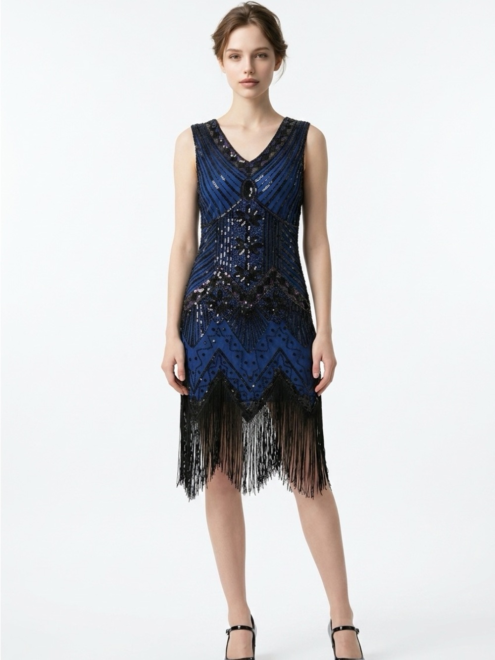 Women’s Sz L 20’s inspired flapper Blue sequin Beaded V-Neck Fringe Hem Dress